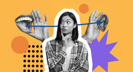 A person thinks while surrounded by various elements showing communication. The collage includes...