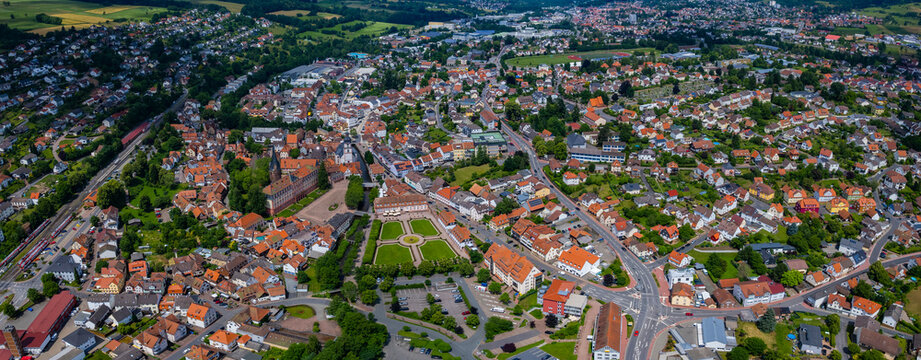 A panoramic aerial view from the old town iof the city in  Erbach im Odenwald in Germany. On a sunny day in spring.