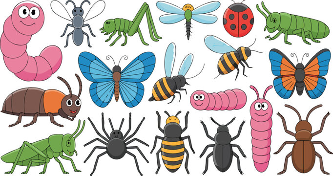 Cute Insects and Bugs Vector Set &ndash; Butterflies, Bees, Ants, Worms, and Snails