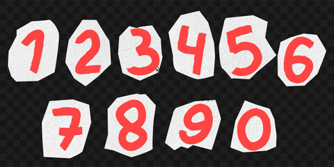 Scrapbook-style collection of vector numbers drawn with crayon and marker. Hand-drawn numerals with torn paper edges, perfect for creative layouts, posters, and DIY design projects