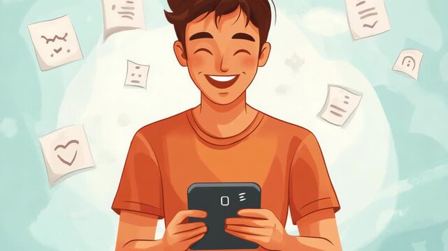 selective focus man interacting with language learning software in cartoon style