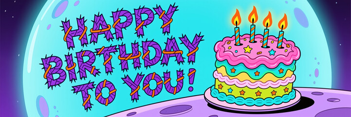 Vibrant cartoon-style illustration of a multi-layered birthday cake with pink, blue, yellow, and green frosting, adorned with stars and candles, set against a planet background.