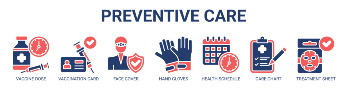 Preventive Care web banner icon vector illustration concept with icon of vaccine dose, vaccination card, face cover, hand gloves, health schedule, care chart, and treatment sheet.
