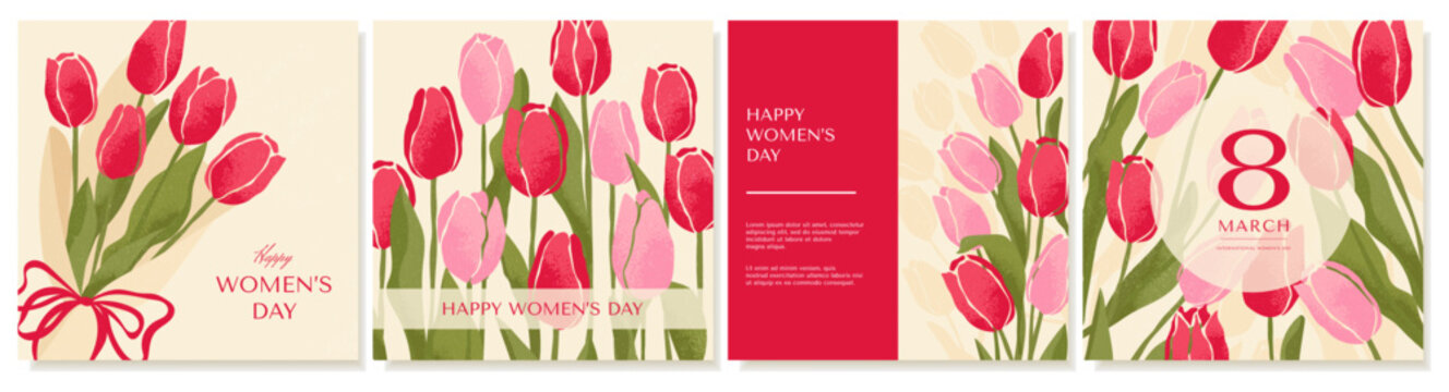 Square Greeting Cards With Red And Pink Tulips. Postcard templates for March 8, International Women's Day, Mother's Day. Vector