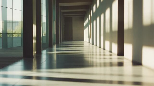 Modern architectural hallway featuring parallel lines and repetitive shadows cast by sunlight, emphasizing structure, depth, and a sense of progression