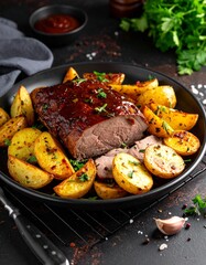 Fleischbraten mit goldbraunen Kartoffeln und dunkler So&szlig;e