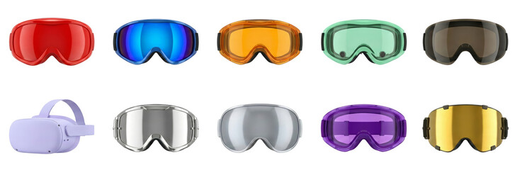 Collection of Colorful Ski Goggles and VR Headset on White Background