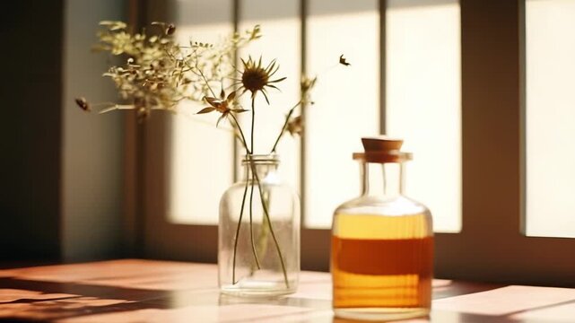 Small glass bottle with a cork stopper containing a golden liquid, sitting on a sunlit wooden surface with dried flowers in a vase in the background, creating a warm and natural atmosphere