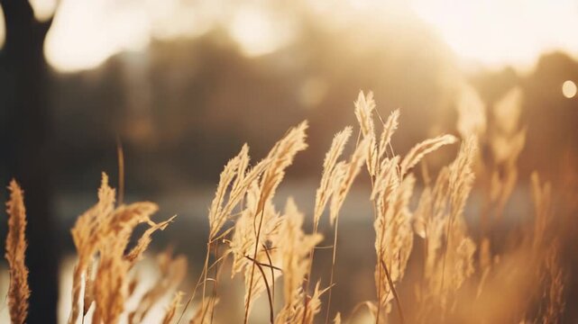 Dry pampas grass creating a warm and natural abstract pattern as the golden hour sun shines brightly, bringing a sense of peace and natural beauty to the outdoor scene