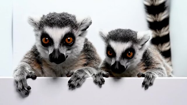 Two lemurs with gray black and white fur lean over a white edge their amber eyes looking forward A striped tail is visible in the background