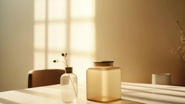 Minimalist glass vase with dried plant and square jar stand on a light colored table, illuminated by natural golden hour window light creating soft shadows on the wall