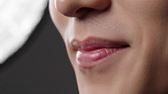 Close-up of a person's face, focusing on lips and skin detail with a soft, diffused background