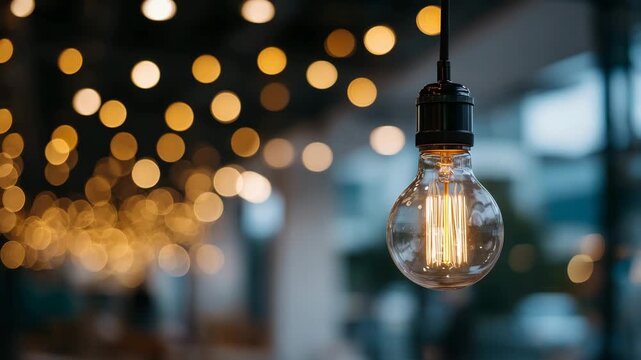 31Single hanging Edison-style bulb centered in frame, glowing filament sharply in focus, rich amber tones, creamy bokeh lights scattered behind, elegant negative space for copy, elec