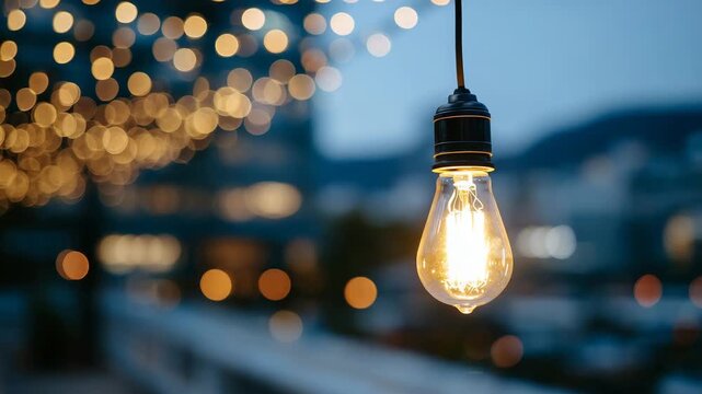 30Single hanging Edison-style bulb centered in frame, glowing filament sharply in focus, rich amber tones, creamy bokeh lights scattered behind, elegant negative space for copy, elec