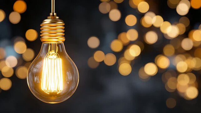 37Suspended retro Edison bulb against a dark background, filament glowing like molten gold, subtle smoke-like light diffusion, soft bokeh accents, dramatic yet minimal composition sy