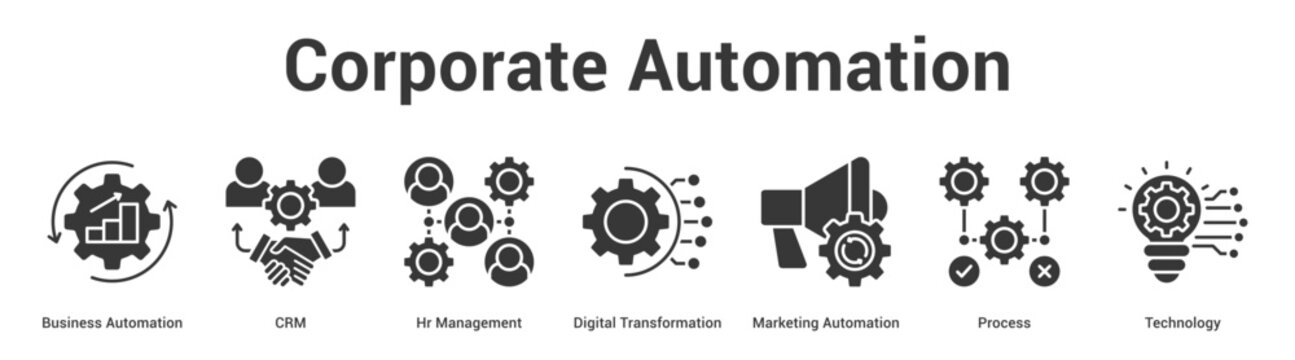 Corporate Automation web banner icon set vector illustration concept for business with icon of Business Automation, CRM, Hr Management, Digital Transformation, Marketing Automati.