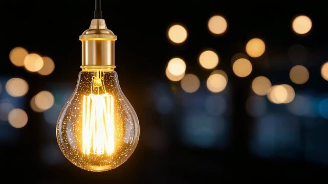 38Suspended retro Edison bulb against a dark background, filament glowing like molten gold, subtle smoke-like light diffusion, soft bokeh accents, dramatic yet minimal composition sy