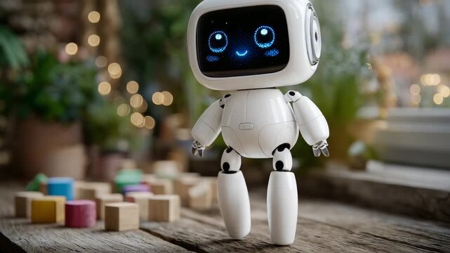 41Cute white robot toy sitting on a wooden table surrounded by colorful wooden blocks, soft natural window light, friendly digital eyes glowing gently, shallow depth of field with co