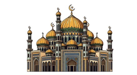 Obraz premium Illustrated mosque with golden domes