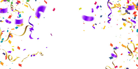 Fototapeta premium Colorful confetti ribbon streamers falling festive horizontal banner for birthday party carnival celebration and festival event promotion