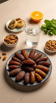 A plate of dates and various snacks on a table