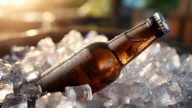 283Brown beer bottle resting diagonally on ice, light glinting off edges of ice cubes, soft warm backlighting, condensation emphasizing chill, festive and relaxed summertime party aes