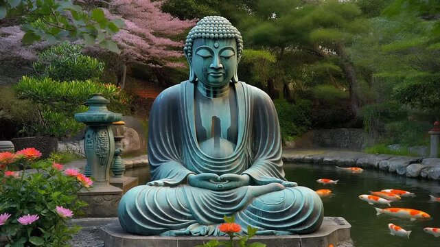 Zen Garden Serenity: Buddha Statue, Koi Fish, and Peaceful Nature Scenery
