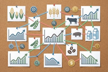 Agricultural market dynamics depicted through interconnected graphs and visuals showcasing farm commodities and economic growth trends enhancing agricultural insights