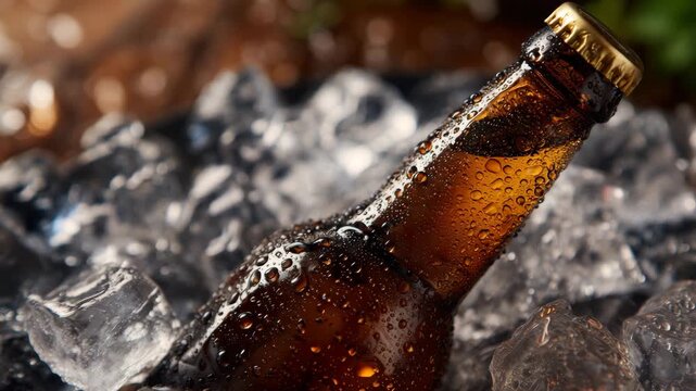 296Brown glass bottle resting on a pile of ice cubes, detailed macro view with water droplets, sunlight highlighting textures, summer picnic or barbecue ambiance, thirst-quenching rea