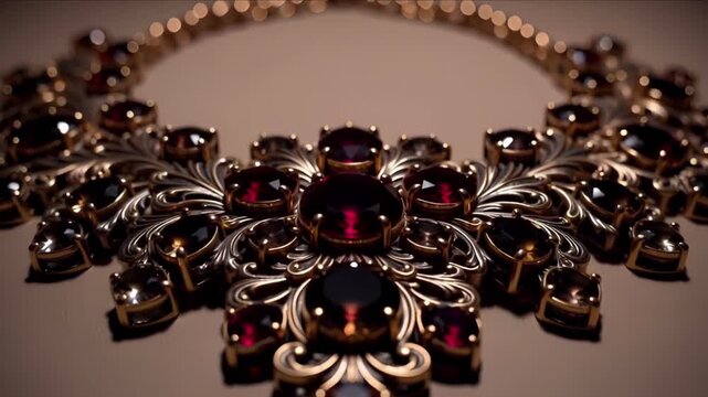 Elegant vintage necklace with red gemstones and intricate golden design