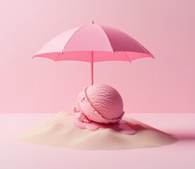 Conceptual layout of summe holiday and relaxation. Te image depicts a scoop ofpink, strawberry ice cream melting on a patch of san under a miniature pink bech umbrella against a pinkbackground