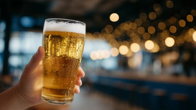 304Macro shot of a hand holding a glass of golden beer, condensation beads on glass, frothy top prominent, soft-focus bar interior with glowing lights behind, cozy and inviting drinki