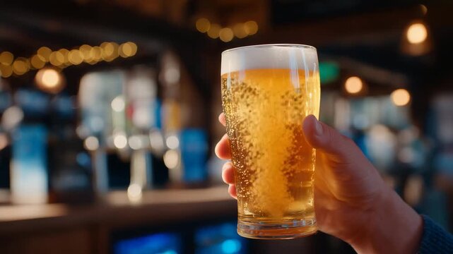 305Hand lifting a glass of golden beer with frothy head, reflections on glass create soft highlights, blurred background of taps and ambient lighting, warm and cozy pub setting