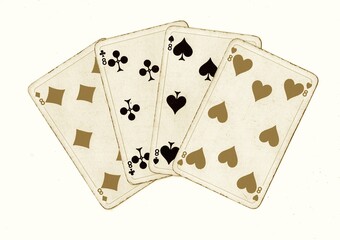 A hand of vintage playing cards showing four of the same value isolated on a white background.