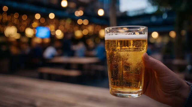 315Close-up of hand holding a pint of beer at bar, golden liquid glowing under warm light, creamy frothy top detailed, blurred neon and wood textures in background, cozy social scene,