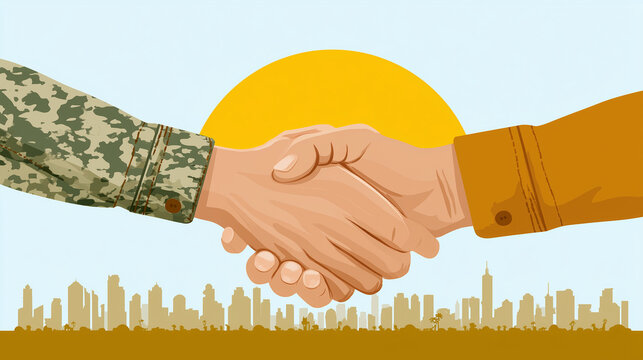 Illustration of two hands shaking (one military, one civilian) against a backdrop of a sunrise over a city, V-E Day reconciliation concept, inspiring and clean design, with copy sp