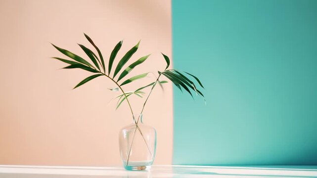 Green palm branch in a clear glass vase, sitting on a white surface with harsh sunlight creating shadows against a soft split two tone background in pastel peach and mint green colors