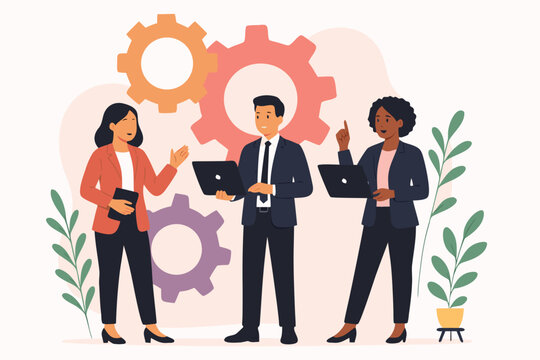 A diverse group of business professionals working together with laptops and gears