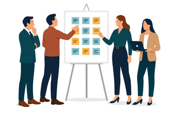 Obraz premium A group of business professionals discussing a project on a whiteboard