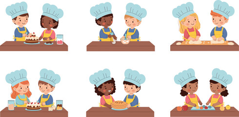 Kids baking together cartoon characters cooking cakes bread and desserts in kitchen vector illustration set