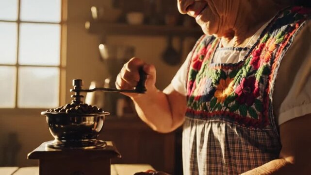 Side view of an elderly woman grinding coffee beans in a manual coffee grinder in a dark room