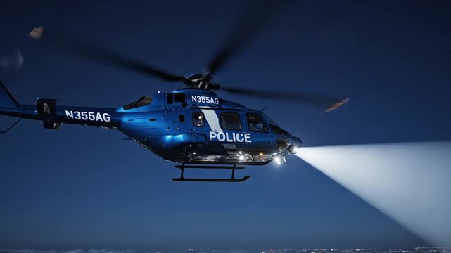 Blue police helicopter flying over city