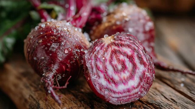324Macro shot of sliced beet showing vivid concentric rings, whole beets with roots around it, dewy texture, warm natural lighting emphasizes freshness, healthy eating and natural ing