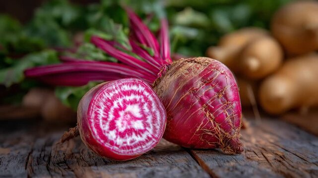 326Detailed close-up of whole red beets and sliced cross-section, roots intact, deep magenta tones highlighted by soft diffuse light, additional vegetables softly out of focus, clean