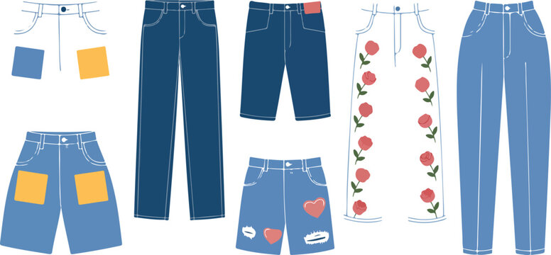 Denim Jeans and Shorts Vector Set &ndash; Trendy Casual Pants with Embroidered Patches