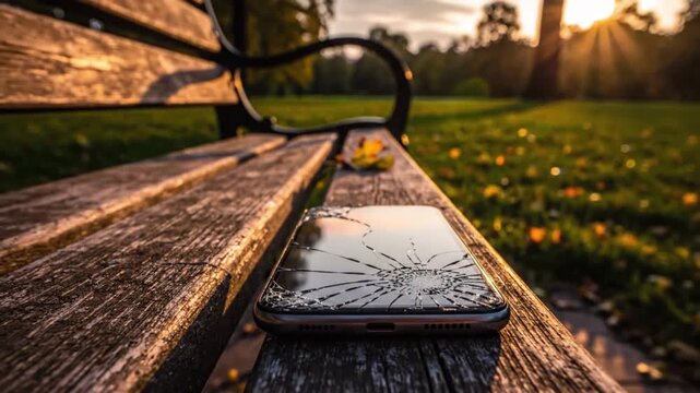 Close-up of a broken phone lying on a bench at sunset in a park, with gnats flying above it. 
