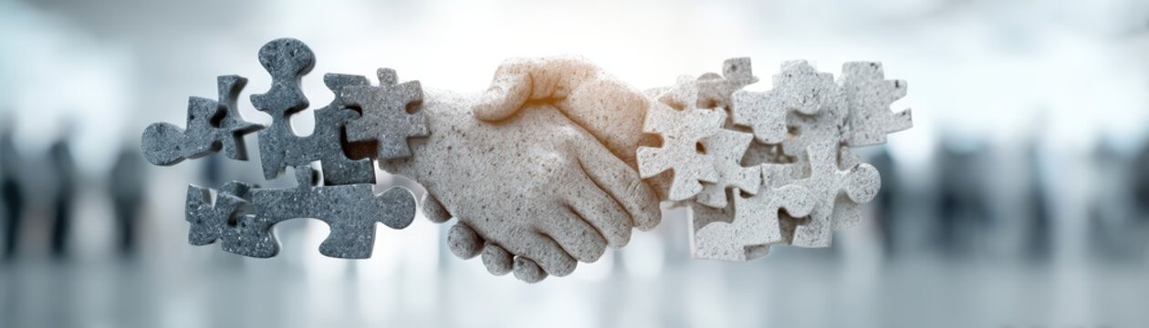 A symbolic handshake is surrounded by puzzle pieces, representing collaboration and problem-solving in a professional context, global trade, AI governance