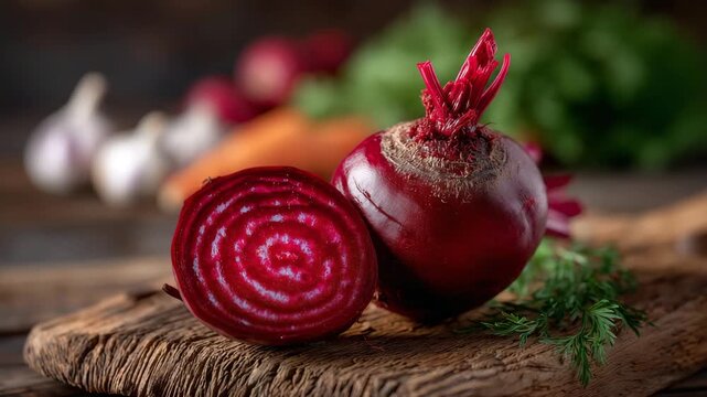 335Close-up of whole and sliced red beets on a natural wooden surface, visible roots curling organically, inner rings vividly detailed, additional vegetables like carrots and garlic c