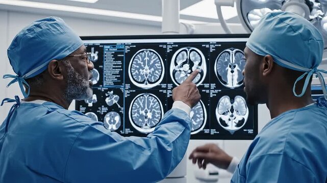 Two doctors analyzing brain scans