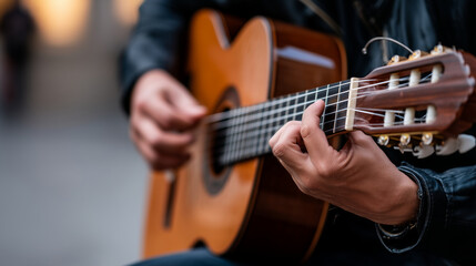 Obraz premium Close-up of a Spanish guitar (flamenco style) being played in the shadow of a bullring wall, Corrida atmosphere concept, music and passion, warm evening light, with copy space